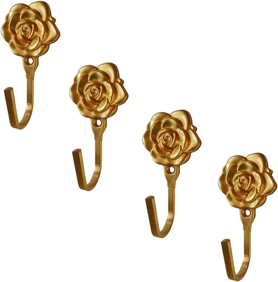 WISHAVE 4 Pcs Rose Pattern Metal Shower Curtain Tieback Hooks Wall Decorative Hookbacks Clothes Coat Hat Home Storage Hangers Golden