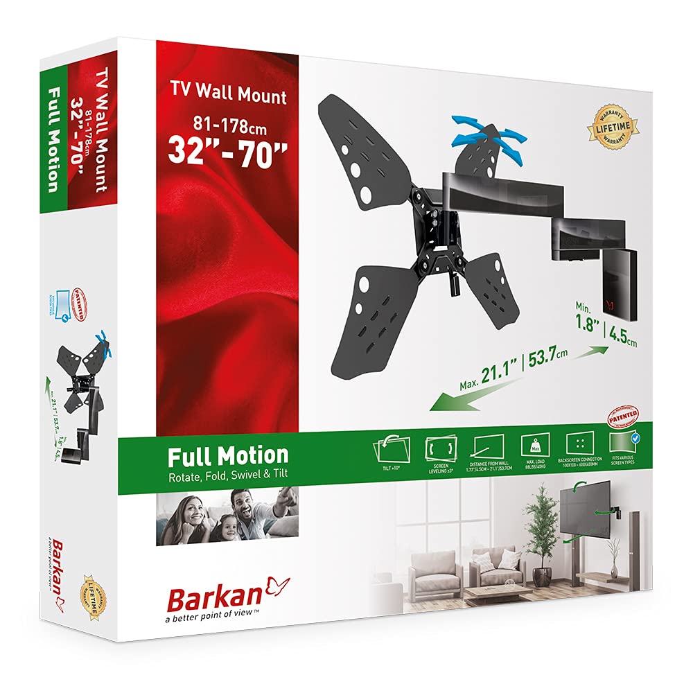 Barkan TV Wall Mount, 32-70 inch Full Motion Articulating - 4 Movement Flat/Curved Screen Bracket, Very Low Profile, Holds up to 88 lbs, Lifetime Limited Warranty, UL Listed, Fits LED OLED LCD