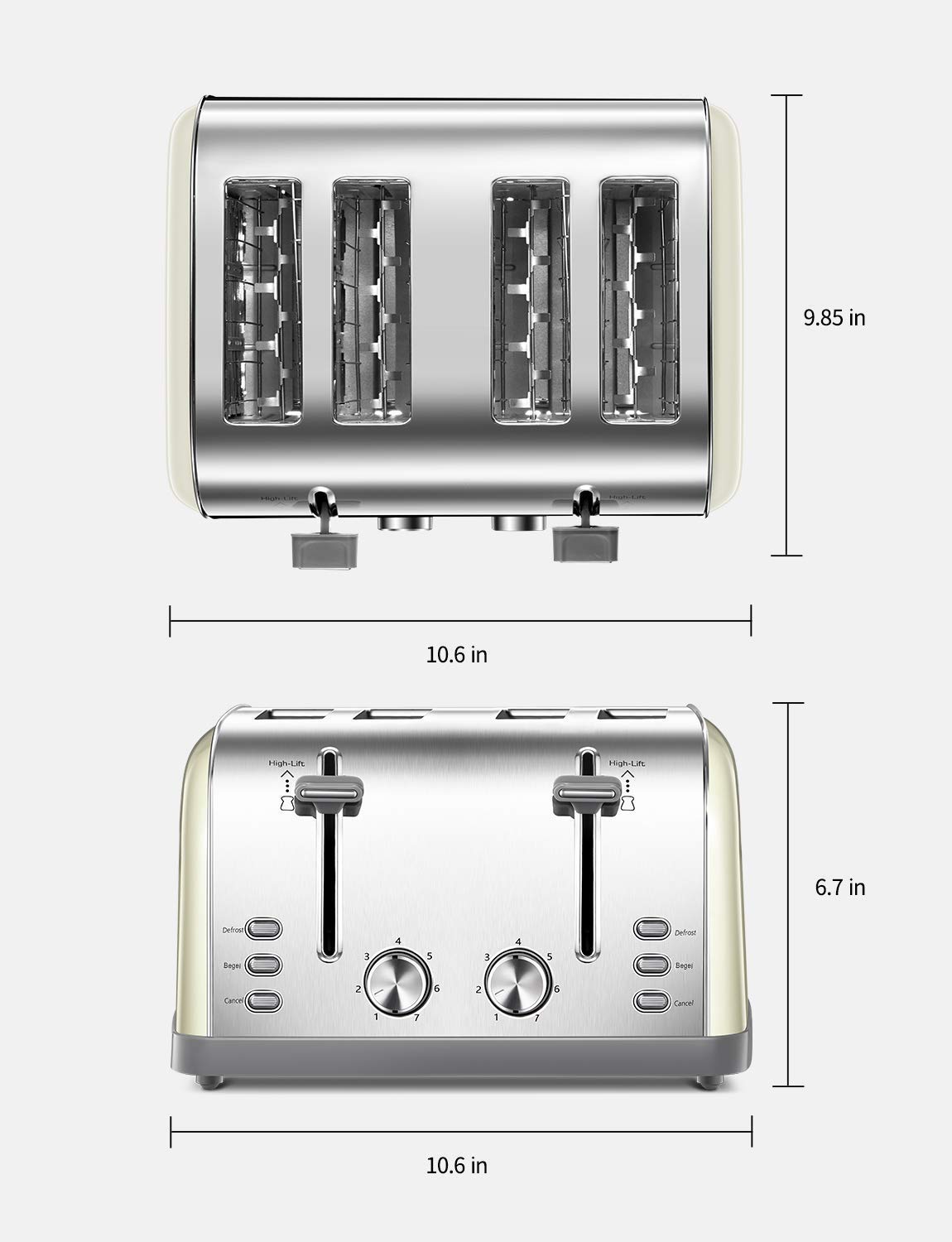 Toaster 4 Slice, Extra Wide Slots, Stainless Steel with High Lift Lever, Bagel and Muffin Function, Removal Crumb Tray, 7-Shade Settings with Warming Rack, Silver, Yabano