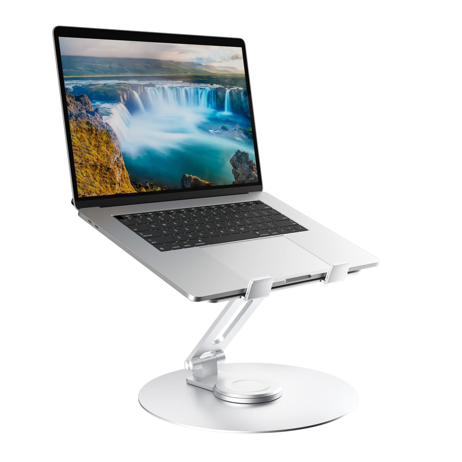 Swivel Laptop Stand for Desk, Adjustable Height Aluminum Computer Stand with 360 Rotating Base, Foldable Ergonomic Riser, Portable Laptop Holder Compatible with MacBook, All Laptops 10-17'',Chrome