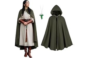 QPAXUCR Renaissance Cloak Women, medieval costume Long Cloak with hood and Green Leaf Brooch Necklace for Halloween Party.
