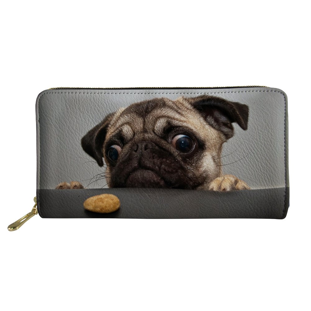 HUGS IDEA Ladies Stylish Long Clutch Wallet Lovely Pug Print Leather Purse Waterproof
