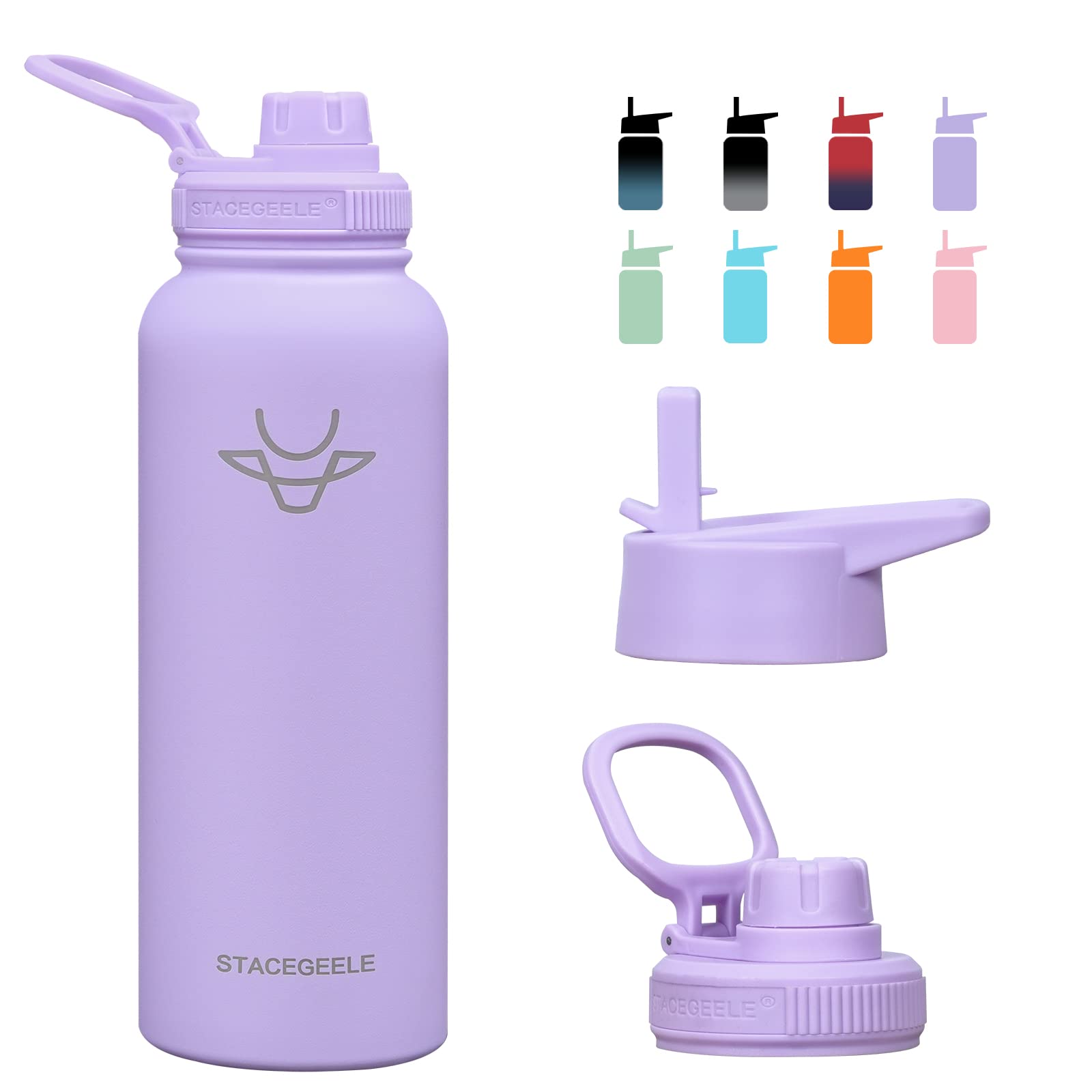 STACEGEELE 40oz Insulated Water Bottle with Straw Lid Reusable Leak Proof Stainless Steel Water Bottles Double Wall Vacuum Insulation 24 Hours Cold and 12 Hours Hot Light Purple