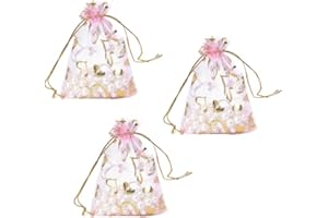100PCS Pink Organza Bags Heart Drawstring Jewelry Pouches with Gold Heart Pattern for Wedding Favors Birthday and Candy Packa