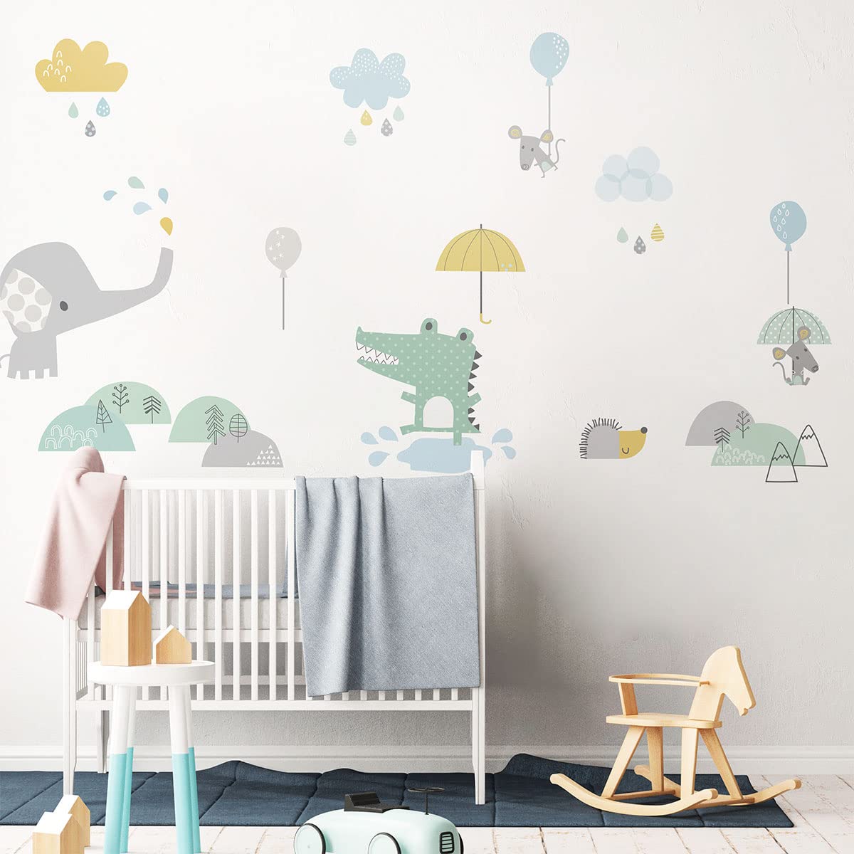 Children's Wall Stickers - Baby Room Decoration - Wall Sticker - Happy Animals in The Rain - H90 x L60 cm