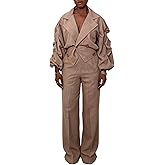 LROSEY 2 Piece Sets for Women Dressy Business Casual Outfits Puff Sleeve Double Breasted Lapel Blazer Dressy Suit Pants