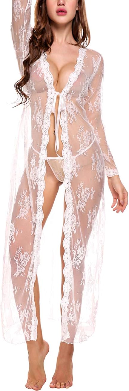 Lingerie for Women Sexy Long Lace Dress Sheer Gown See Through Kimono Robe: Clothing