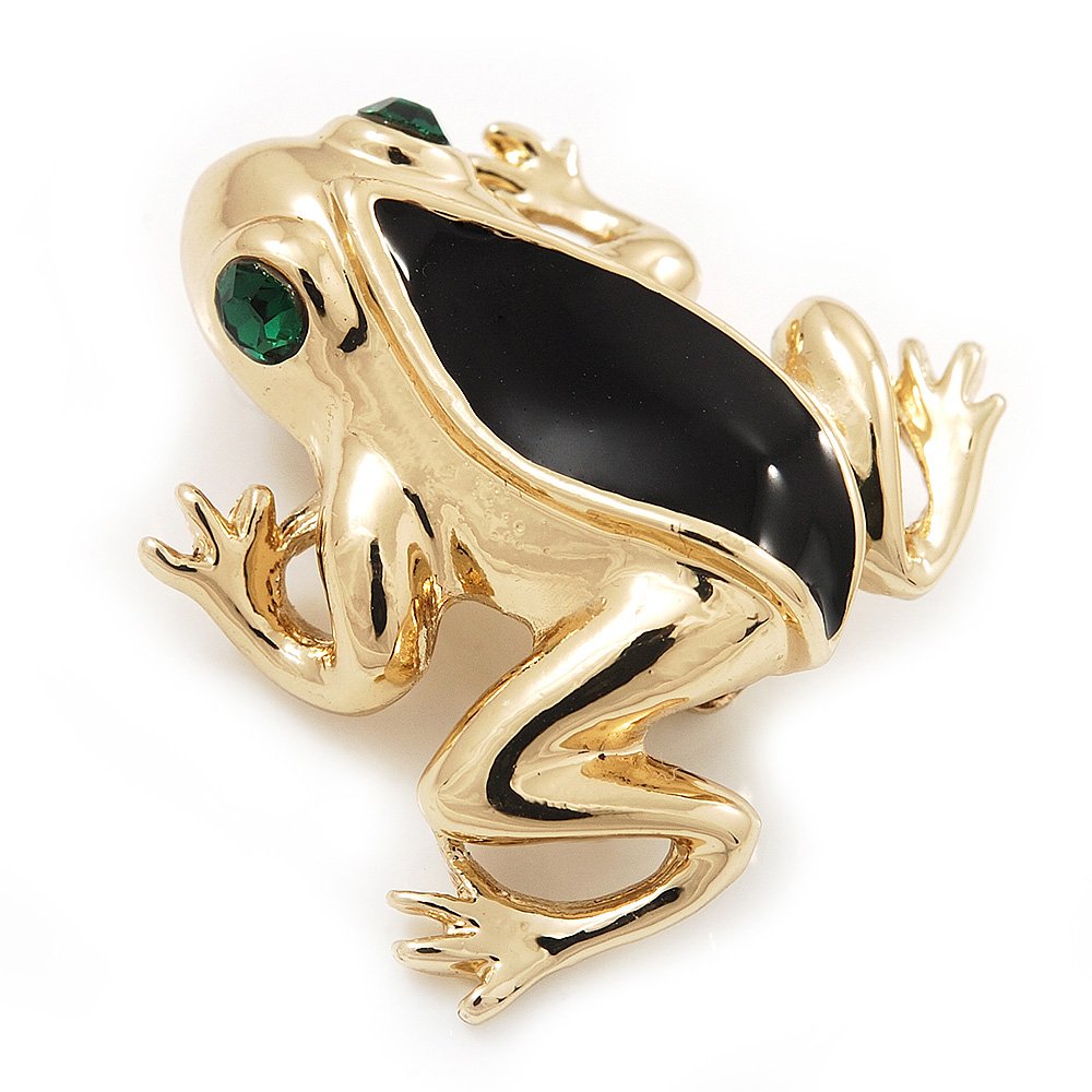 Small Black Enamel 'Frog' Brooch In Gold Plated Metal - 2.5cm Length