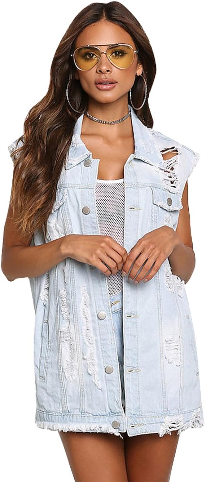 Veste en jean longue sans manche femme Outlet