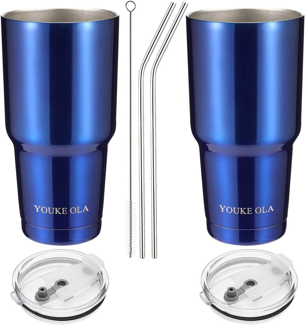 Stainless Steel Tumbler 30oz - Vacuum Insulated Tumbler Coffee Cup Double Wall Large Travel Mug with Lid, Straw, Brush, Gift Box Set (Blue, 30oz-2 Pack)