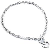 Erimberate Vintage Love Heart Pendant Necklace Silver Toggle Chain Necklace Retro Thick Chain Necklace T Bar Choker Necklace Jewelry for Women