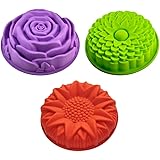 Sharlity 3 Pack Non-Stick Flower Shape Silicone Cake Bread Pie Flan Tart Molds Large Round Sunflower Chrysanthemum Rose Shape