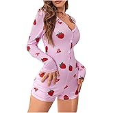 WDIRARA Women's Cow Graphic Print Romper Pajama V Neck Long Sleeve Button Front Sexy Onesie