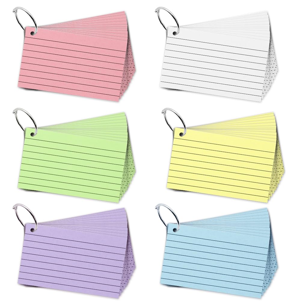 300 PCS Index Cards, 3x5 Inches Colored Flash Cards with Ring, Lined Notecards Ruled Study Card Flashcards, Memo Scratch Pad for Home Office School for Studying, Learning, School, College