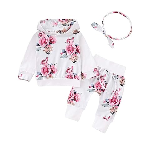 BeautyTop Baby Kinder Outfits Set Baby Mädchen Langarm Blumendruck Kapuzenpullover + Hosen + Haarband 3Pcs Baby Kinderkleidun