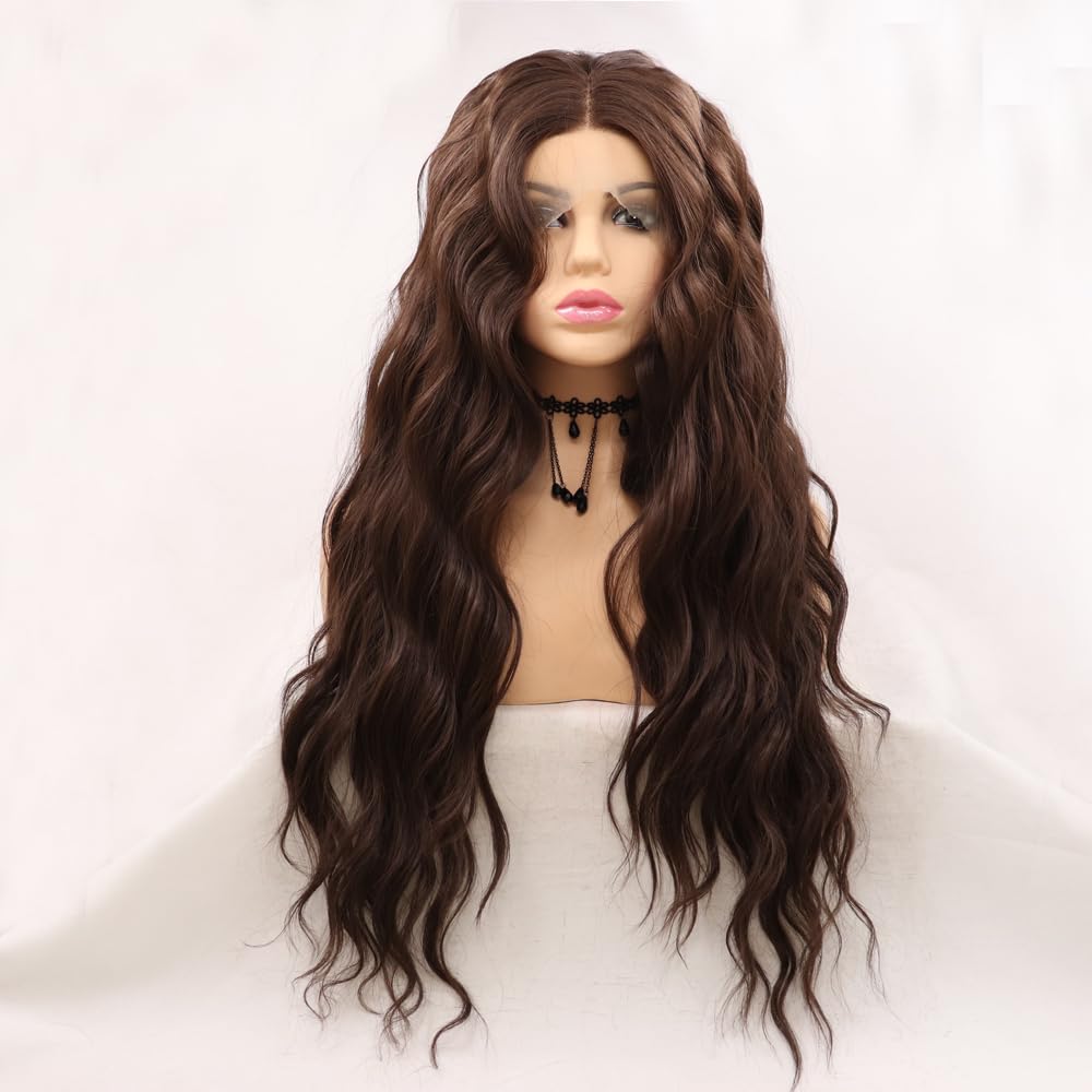 Xiweiya Long Brown Wavy Wig Curly Synthetic Lace Front Wigs Middle Part Wig Long Soft Wavy Wig Hair Replacement Wig for Women, Drag Queen Makeup 24 inch