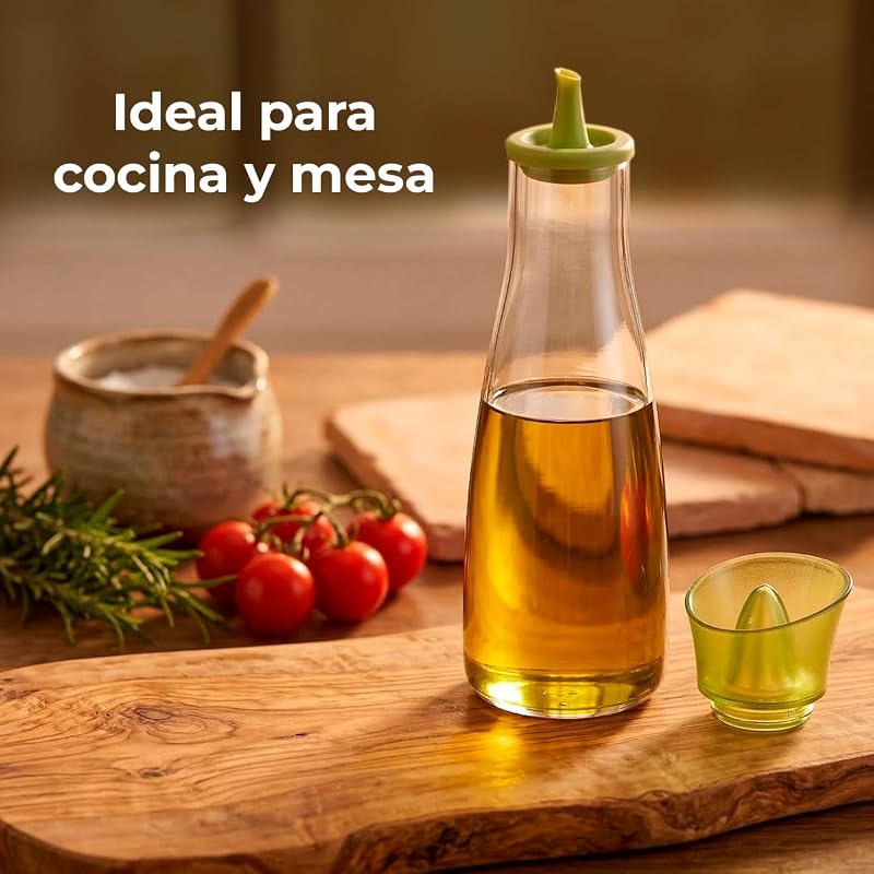 - Aceitera de Vidrio Borosilicato con Vertedor de Silicona - 250 ml - Ideal para Aceite, Vinagre y Salsas - Apta para Lavavajillas - Dosificador para Cocina y Mesa