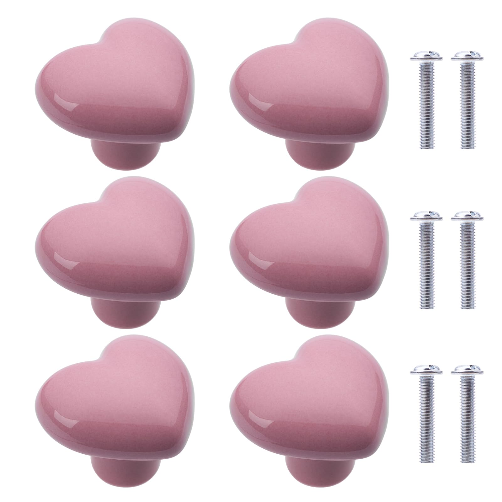 NAKUPENDA 6Pcs Furniture Ceramic Knobs Heart Shape Ceramic Cupboard Drawer Knobs Ceramic Handles with Screws for Children's Room Kitchen Cupboards Bookshelf (Pink)