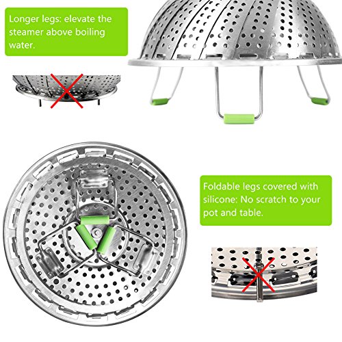 Vegetable Steamer Basket Stainless Steel Collapsible Steamer Insert for Steaming Veggie Food Seafood Cooking, Metal Handle Foldable Legs, Fit Various Pot Pressure Cooker (5.3" to 9")