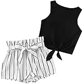 OYOANGLE Girl's 2 Piece Outfits Summer Tie Knot Tank Top and Paperbag Waist Striped Shorts Set