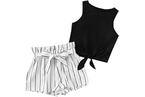 OYOANGLE Girl's 2 Piece Outfits Summer Tie Knot Tank Top and Paperbag Waist Striped Shorts Set