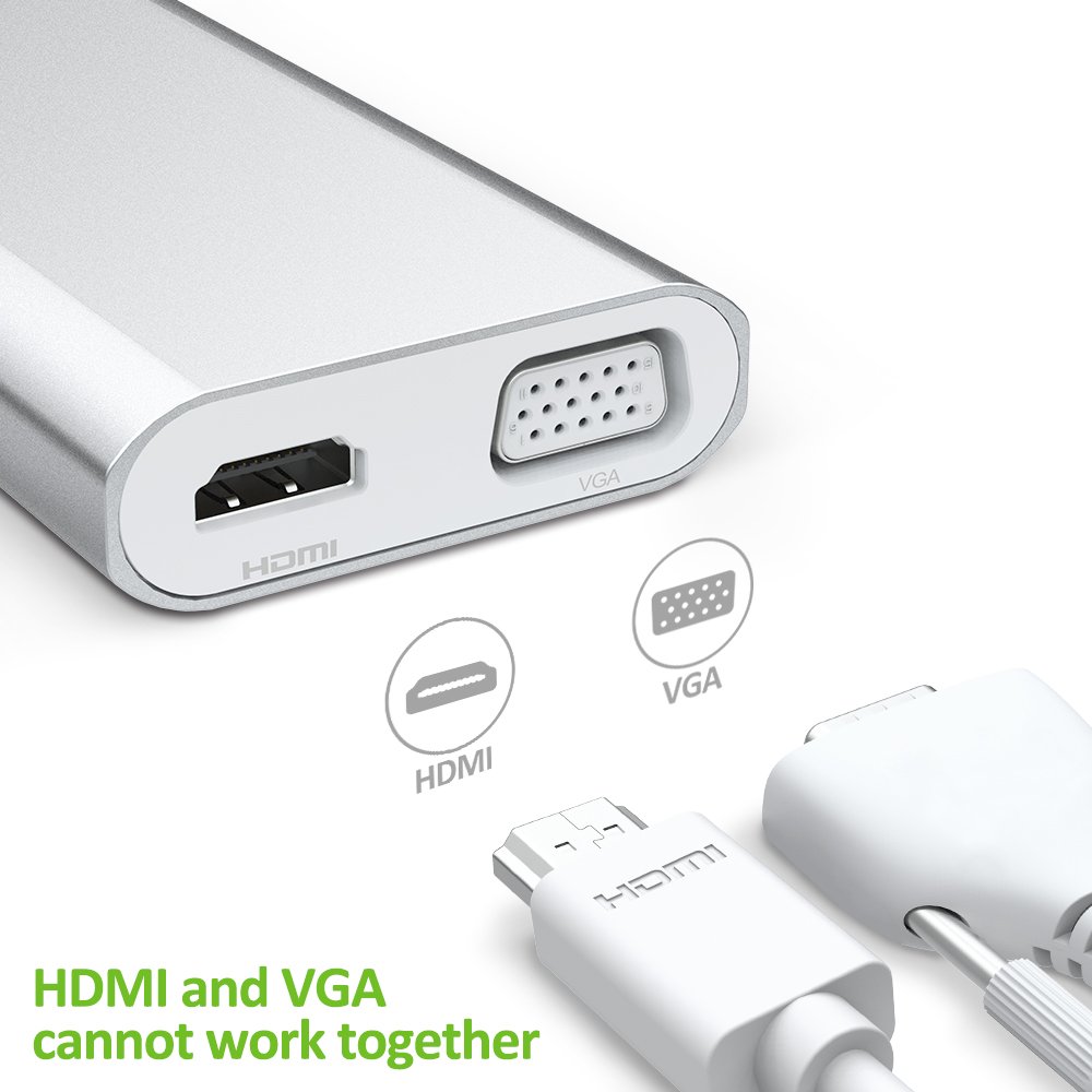 USB C Hub, OMARS 8-in-1 Type C Hub with HDMI 4K, VGA, 2 USB 3.0, Gigabit Ethernet, USB C Charging Port,SD/Micro SD(TF) Card Reader, Aluminum Design for MacBook/Chromebook/more Type C Devices - Silver