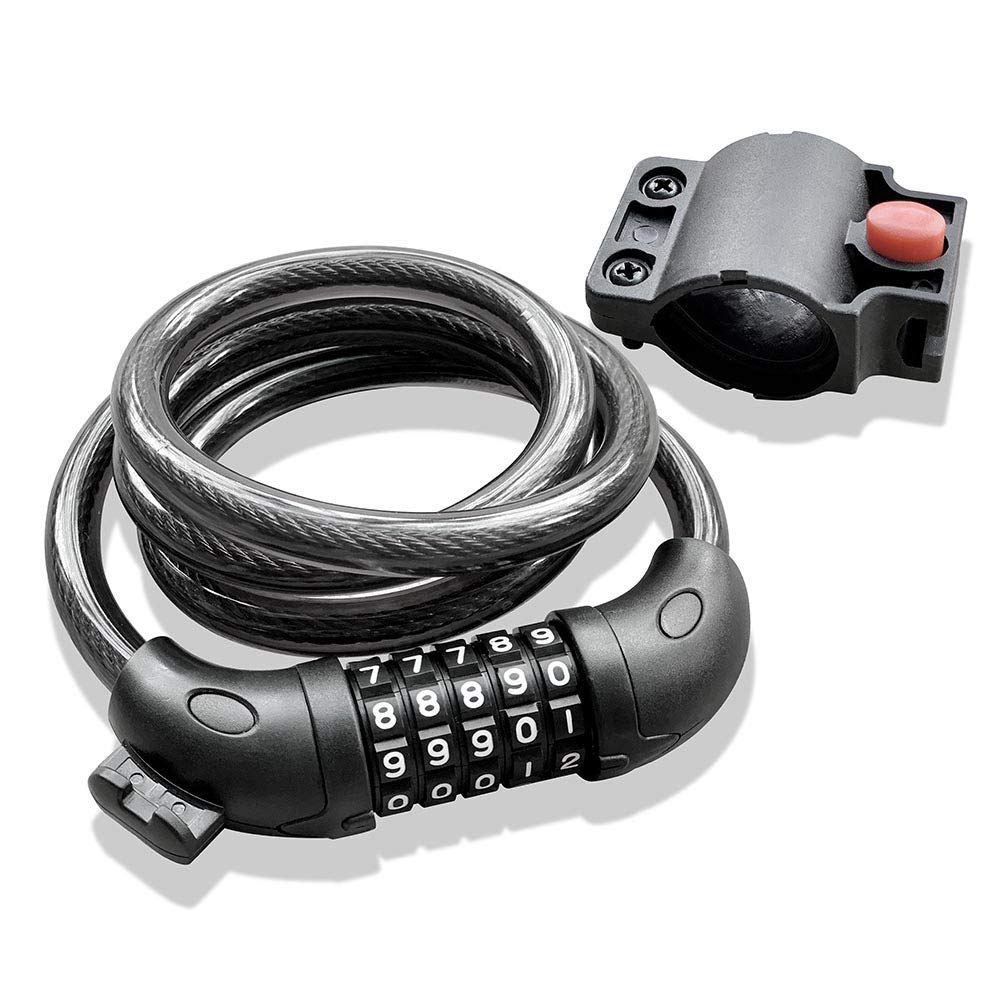 QSPORTPEAK Bike Lock High Security 5 Digit Resettable Combination Coiling Cable Lock with Mounting Bracket Best for Bicycle Outdoors, 1.2mx12mm