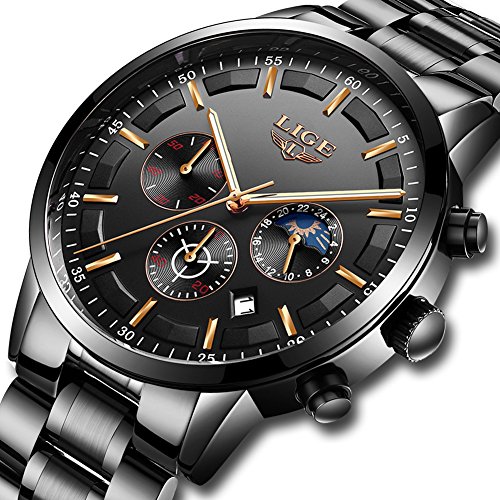 Mens stainless steel watches classic moon phase sports …