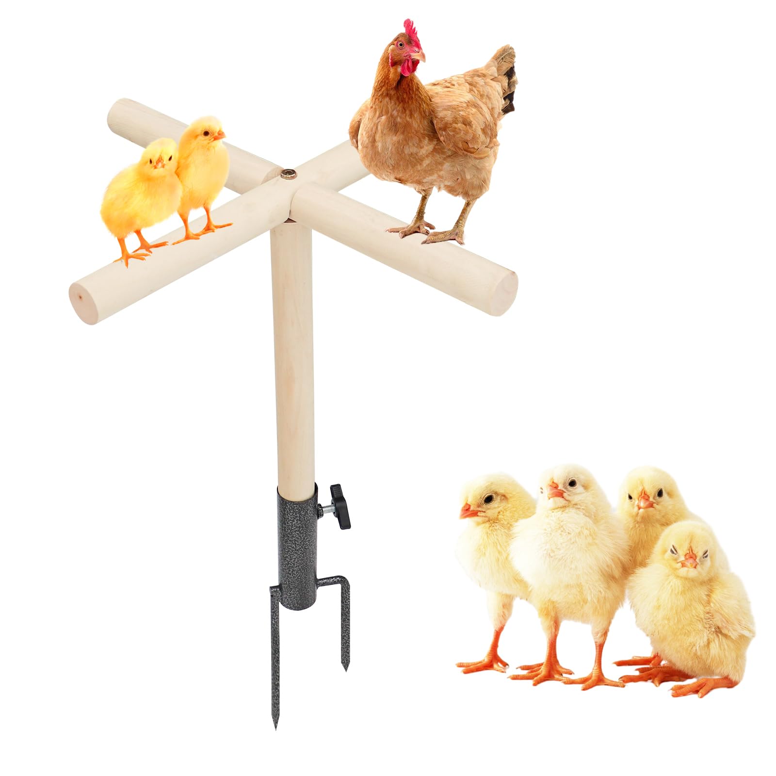 Chicken Perch Toy for Coop, Wooden Chick Perch Stand with Metal Ground Plug, Chicken Coop Backyard Poultry Accessories, Suitable for Poultry Rooster Chicks Large Bird Parrot