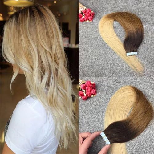 26" Glue in Colored Extensions Full Head Balayage Ombre Hair Extensions Dip Dye Hair Color #6B Fading to #613 Tape in Real Hair Extentions 50g 20Pcs Per Package