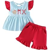 Yuufuniy Toddler Baby Girl Baseball Outfit Bow Sleeveless Striped Ruffled Tops Elastic Waist Shorts 2pcs Set Spring Clothes