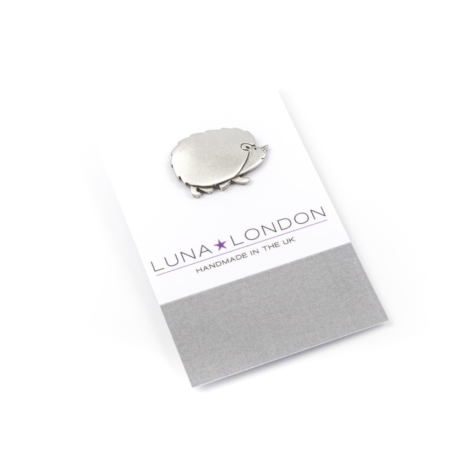 Hedgehog pewter pin badge by Luna London, UK. Gift