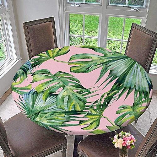 PINAFORE HOME Round Tablecloths of Tropical Leaves Dense Jungle Painted Banner with Tropic or Everyday Dinner, Parties 35.5"-40" Round (Elastic Edge)