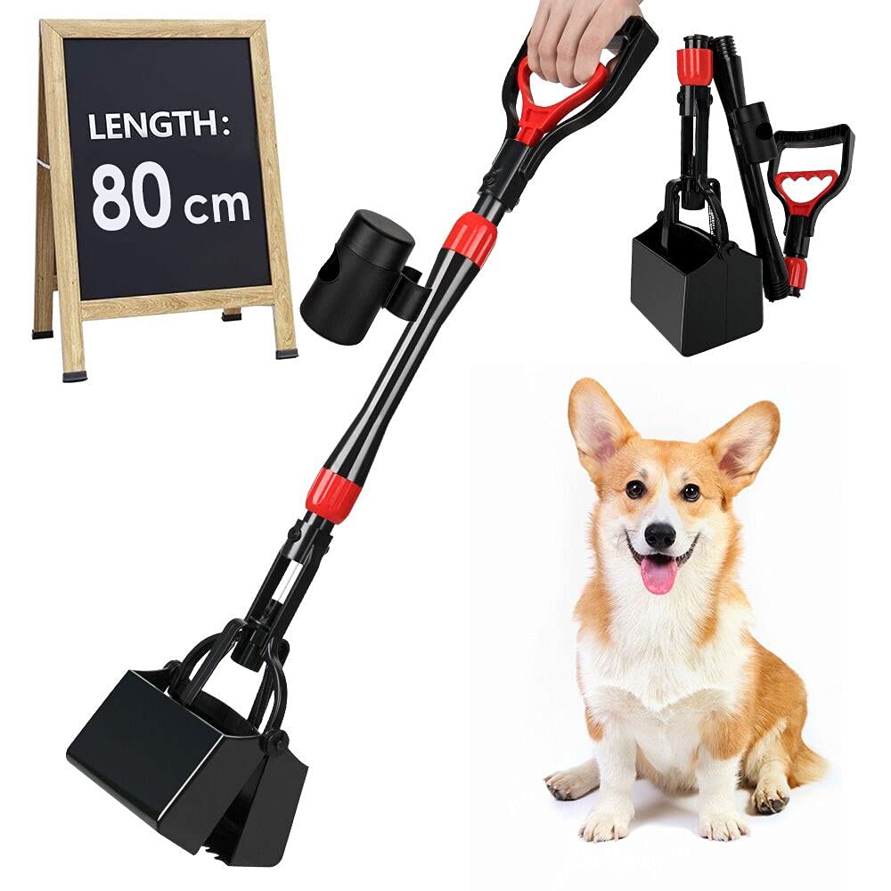 Eyein Dog Pooper Scooper, 80cm Long Handle Foldable Poop Scooper with Bag Dispenser, Flat Bottom Portable Duty Poo Waste Pick Up Rake with High Durable Spring for Pet Cat Outdoor Yard Grass Gravel