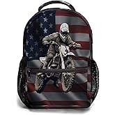 Anyako Motocross Dirt Bike American Flag School Backpack, Kids Backpack for Boys Girls Teens, Laptop Backpack Double Shoulder Bookbag for Children School Hiking Camping Daypack