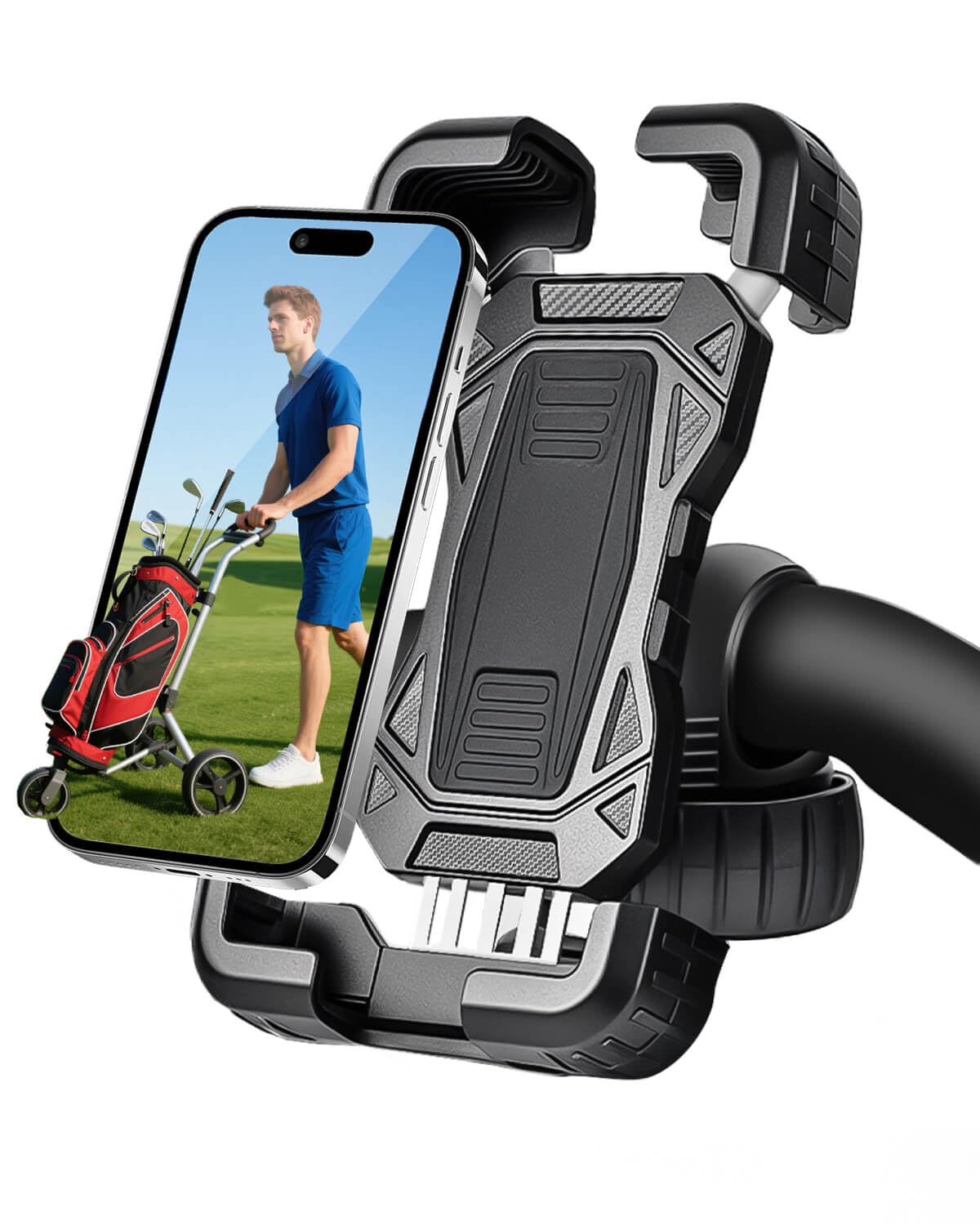 Photo 1 of Golf Push Cart Phone Holder Silicone Protection 360° Rotatable Phone Mount Compatible with Clicgear, Sun Mountain, Caddytek, Rovic, Caddy, Bag Boy, Golf Push Cart Accessories for Cell Phones
