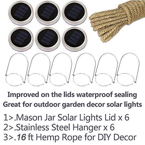 Mason Jar Lids Solar Light,6 Pack 20 LED Solar Lanterns String Fairy Star Firefly Jar Lights,6 Hangers 16 Feet Hemp Rope Included(No Jar),Mason Jar Decor,Garden Decor Lights,Solar Lantern,Table Lights