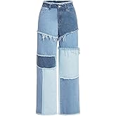 WDIRARA Women's Color Block Patchwork Jeans Raw Trim Zipper Fly Straight Leg Denim Pants