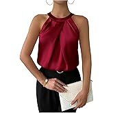 SweatyRocks Women's Pleated Halter Sleeveless Satin Blouse Keyhole Back Tank Top