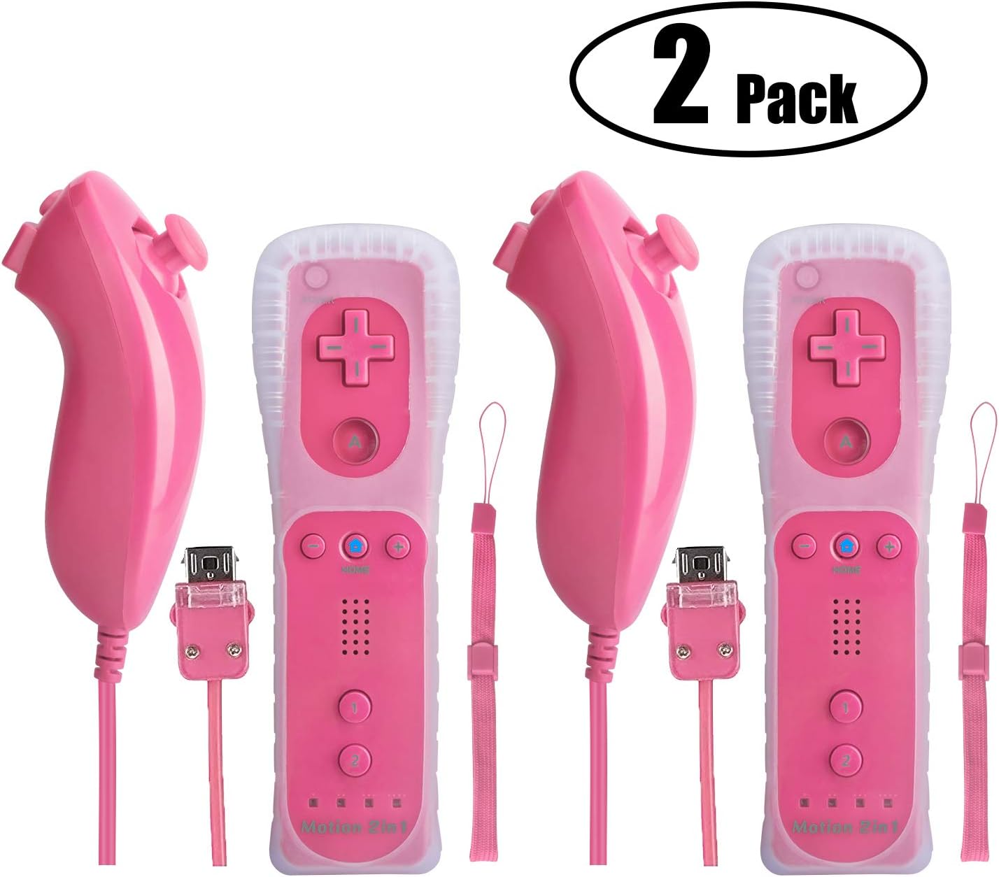 Controller for Wii with Remote Nunchuck Motion Plus 2 Pieces, Beinhome Wii Romote and Nunchuck Motion Built-in 2-in-1 with Silicone Case Compatible with Nintendo Wii and Wii U and PC Pink
