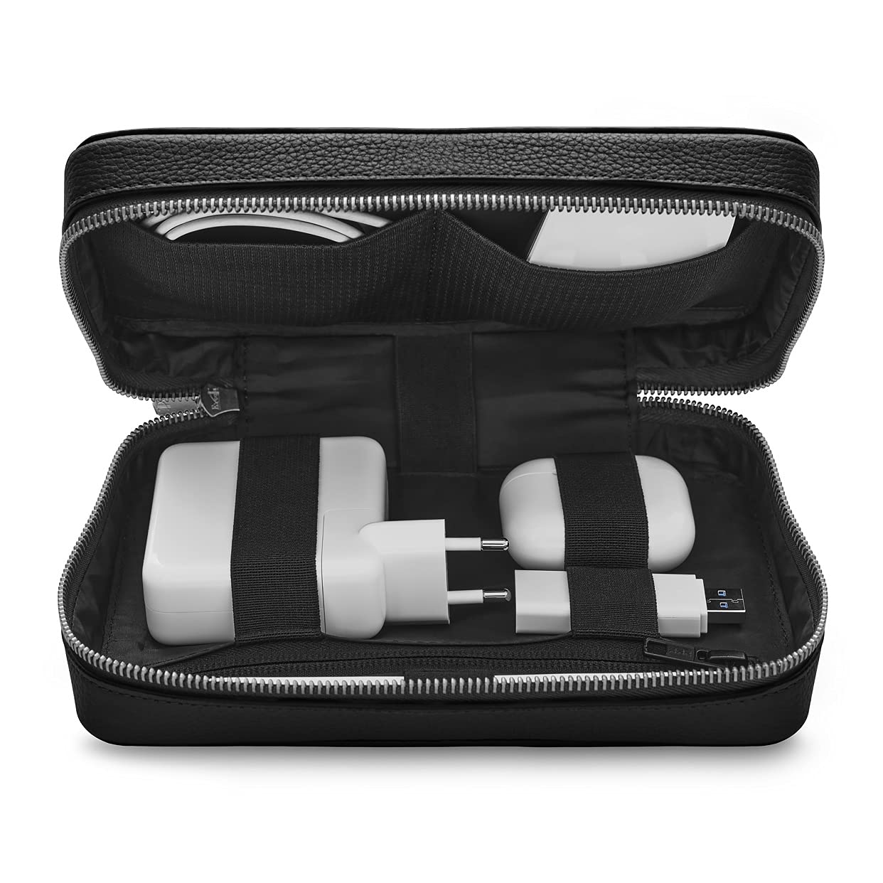 Woolnut Full-grain Leather Tech Pouch Organizer for Accessories - Green/Travel Cable Organiser Bag and Power Bank Case for Mens Travel Gadgets with cable storage