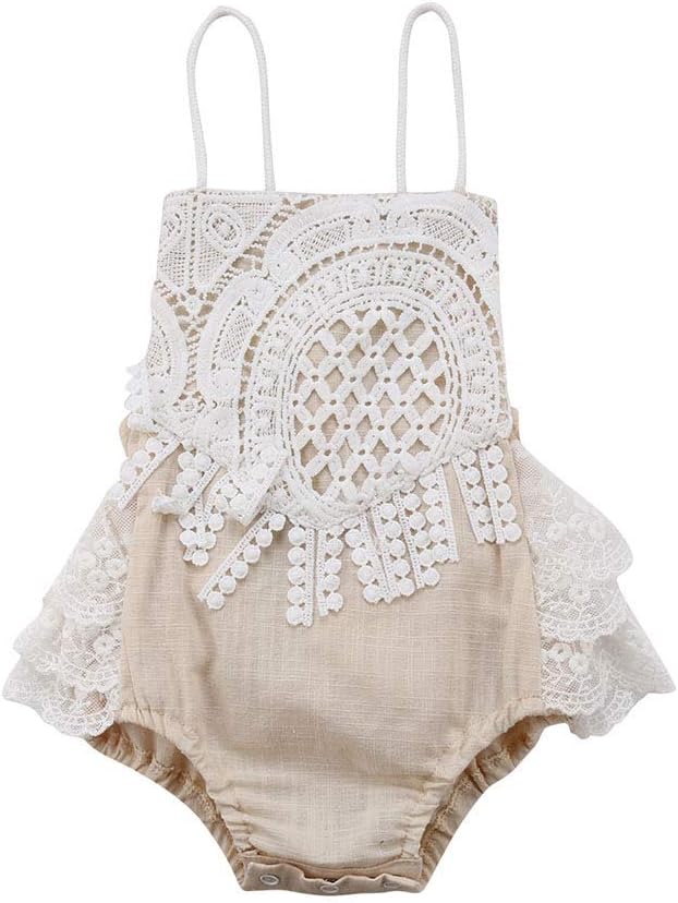 Infant Baby Girl Romper Bodysuit Jumpsuit Outfits Floral Halter Sleeveless Backless Ruffle Tulle Lace Like White Jade