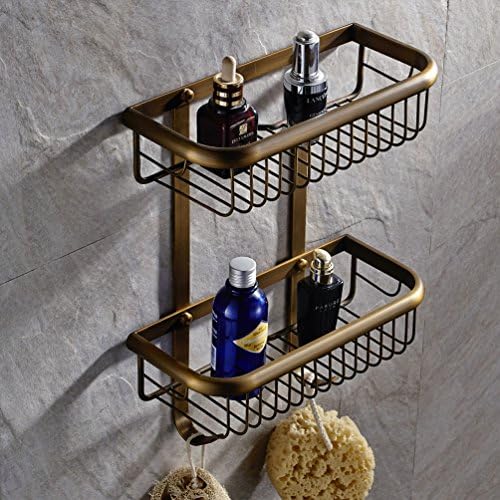Wall Mount Solid Brass 2 Tiers Dual Rectangle Wire Baskets Bathroom Shower Caddies Storage Cosmetic Holder Shower Accessories Shelf Bathroom Hardware (antique brass Finish)