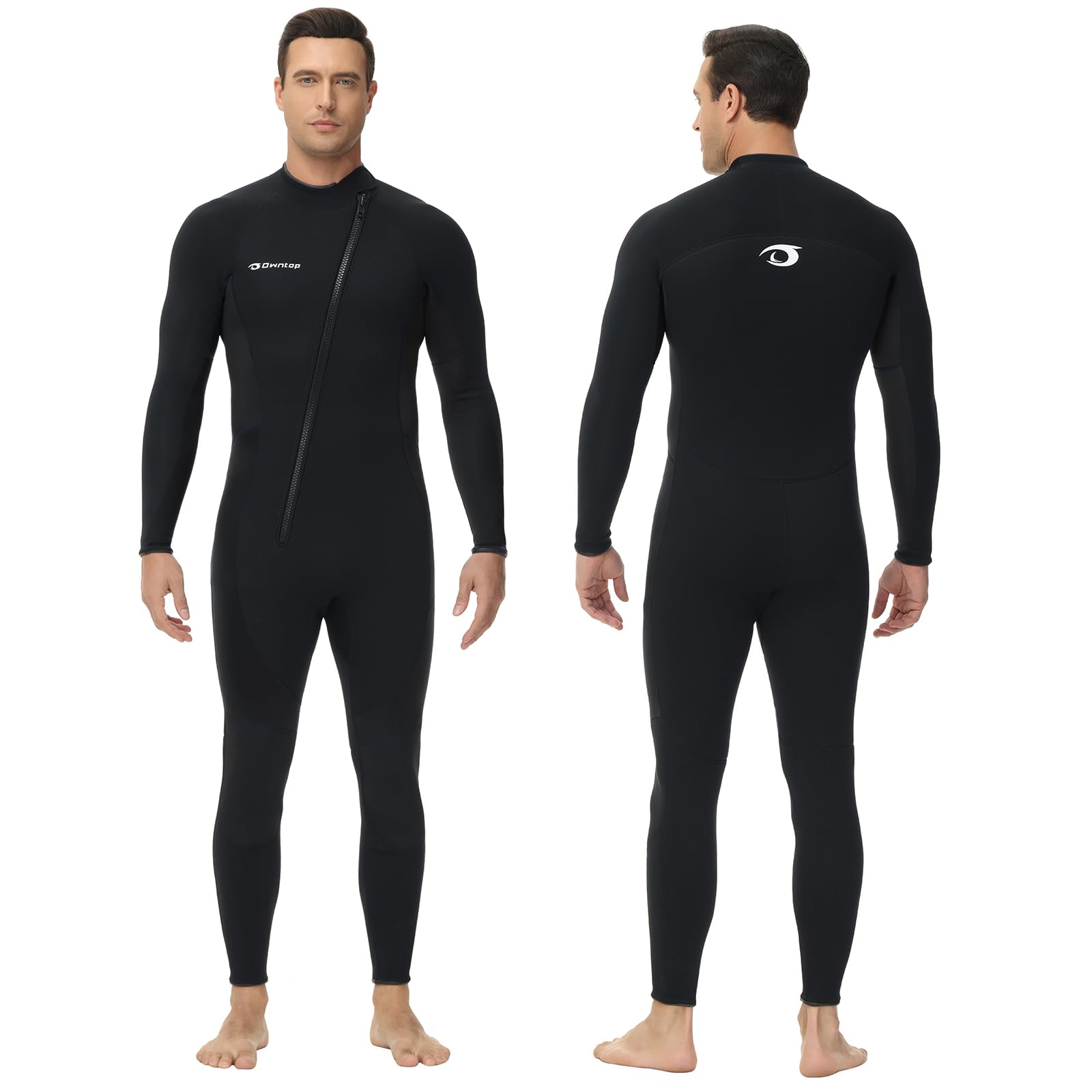 Owntop Mens Wetsuit 3mm - Front Zip Full Diving Suits, Stretch Pro Neoprene Wet Suit Thermal Full Length Dive Skin for Surfing Snorkeling, Men Black L
