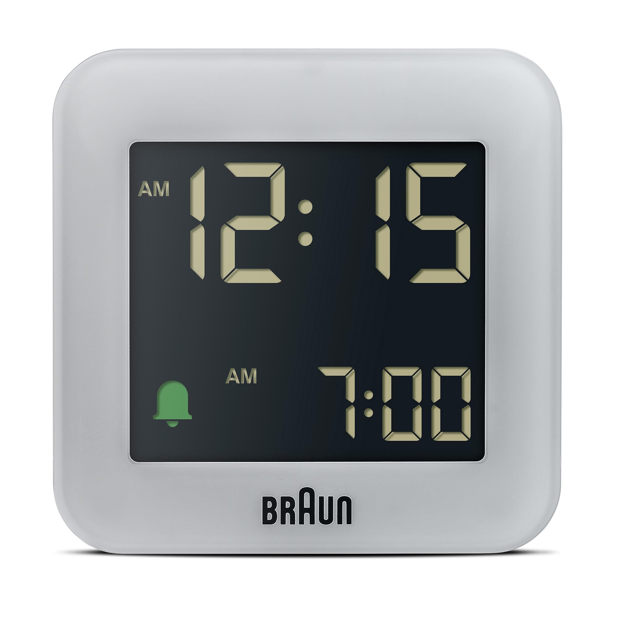 Braun Digital Travel Alarm Clock with Snooze, Compact Size, Negative LCD Display, Quick Set,Crescendo Beep Alarm in Grey, model BC08G.