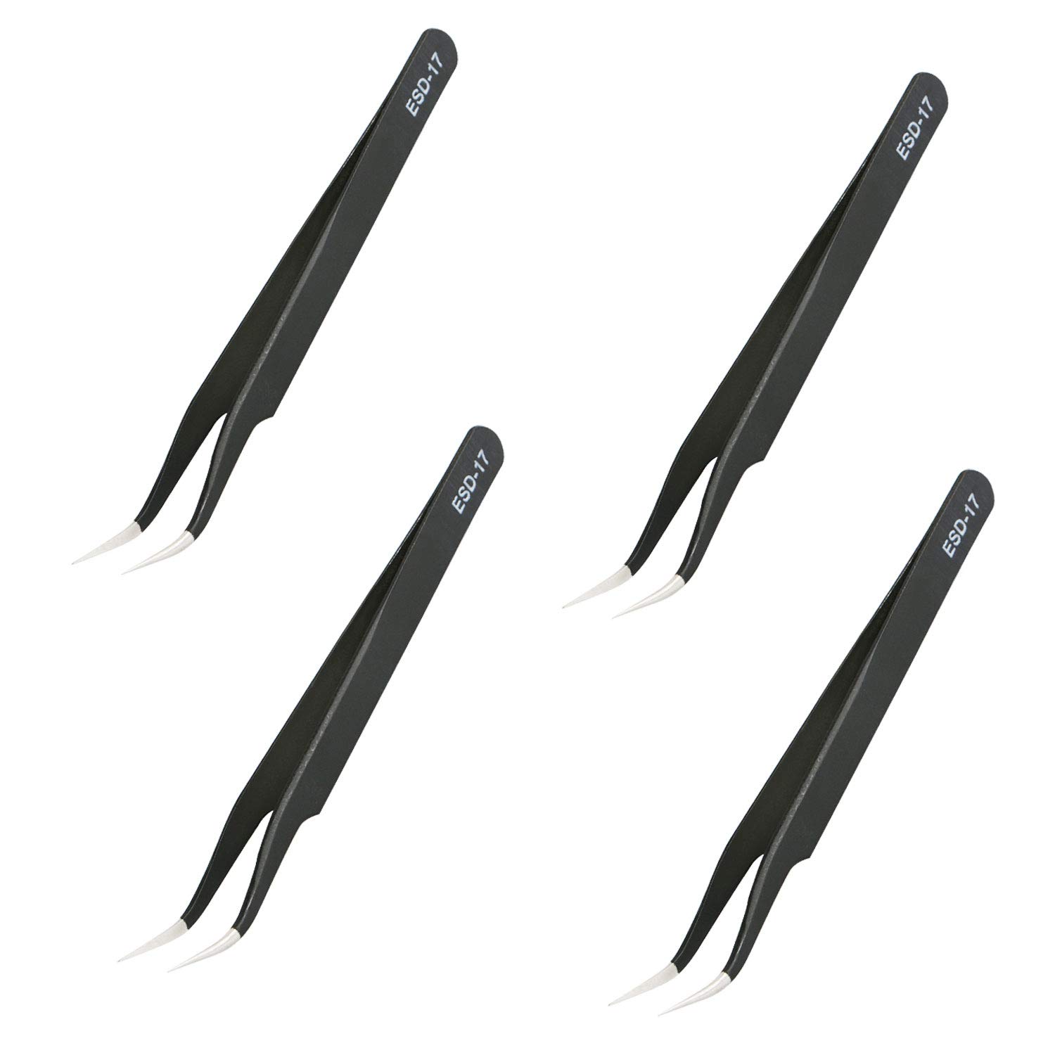 Aoje-Link ESD-17 Professional Anti-Static Precision Technology Tweezers, Non-Magnetic Fine Tip Curved, Stainless Steel Plastic Coated, Full Length 125mm, Black, 4pcs