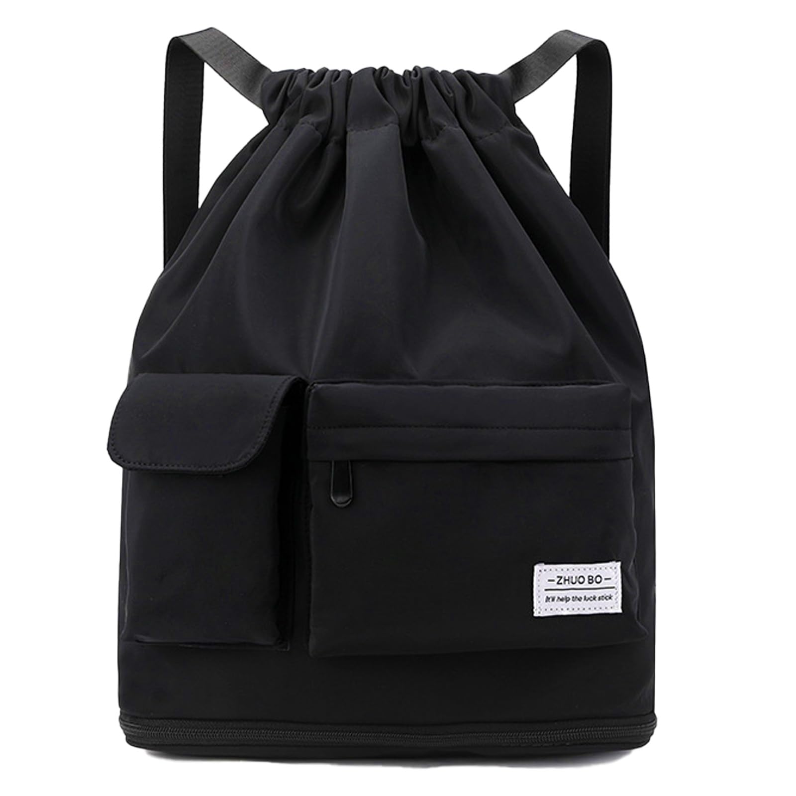 FAVORTALK Drawstring Gym Bag Waterproof String Bags with Zipper Drawstring Backpack for Women Men Dry-Wet Separation String Bag for Travel Beach School Sports Swimming Bags for Girls, Black D37208