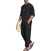COOFANDY Men's 2 Pieces Cotton Linen Set Long Sleeve Henley Shirts Casual Beach Pants With Pockets Summer Yoga Outfits
