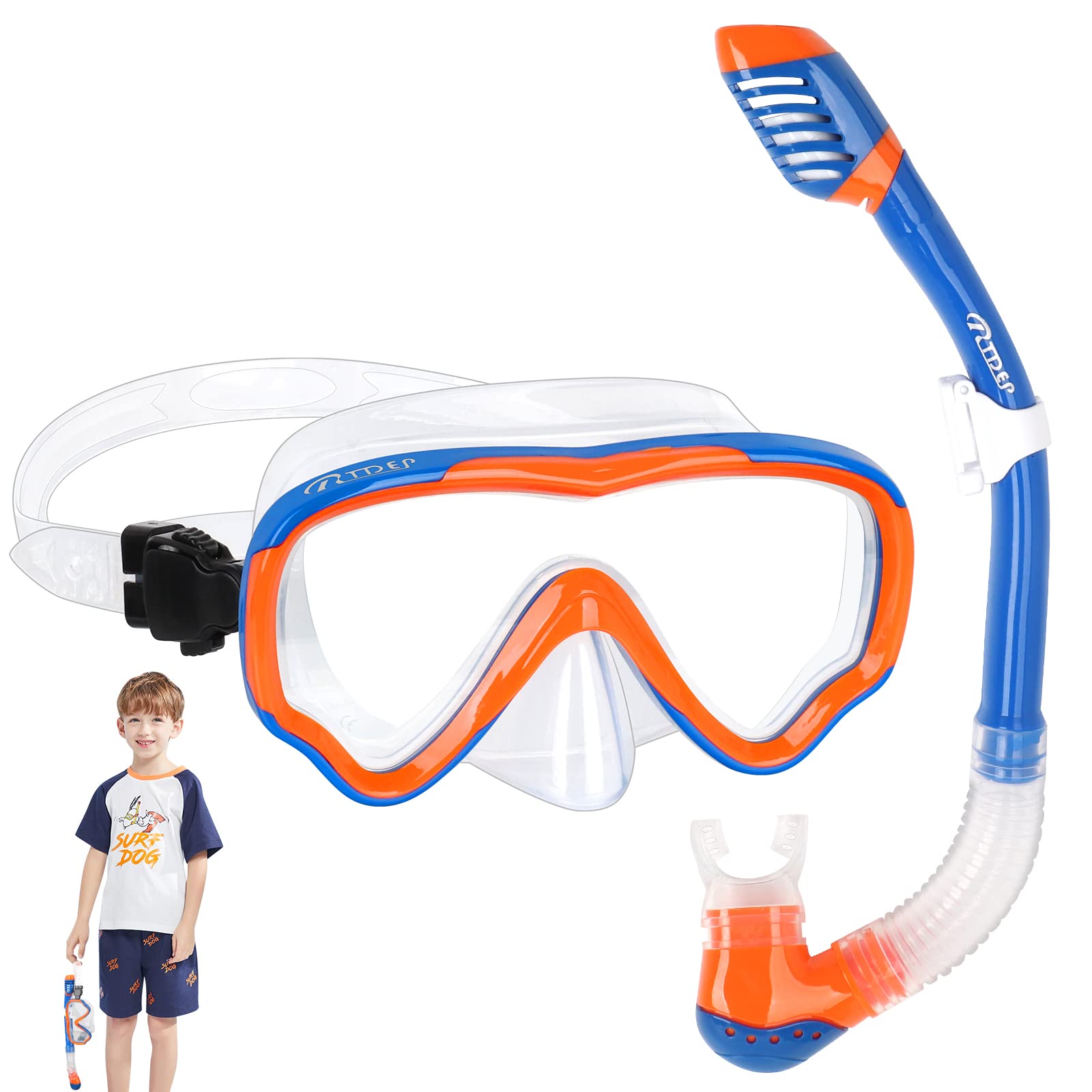 Rtdep Snorkel Set Kids, 180° Wide View Snorkel Mask, Dry Top Snorkel, Tempered Glass Safety Scuba Diving Mask, Snorkelling Gear for Junior and Youth（Orange Blue）