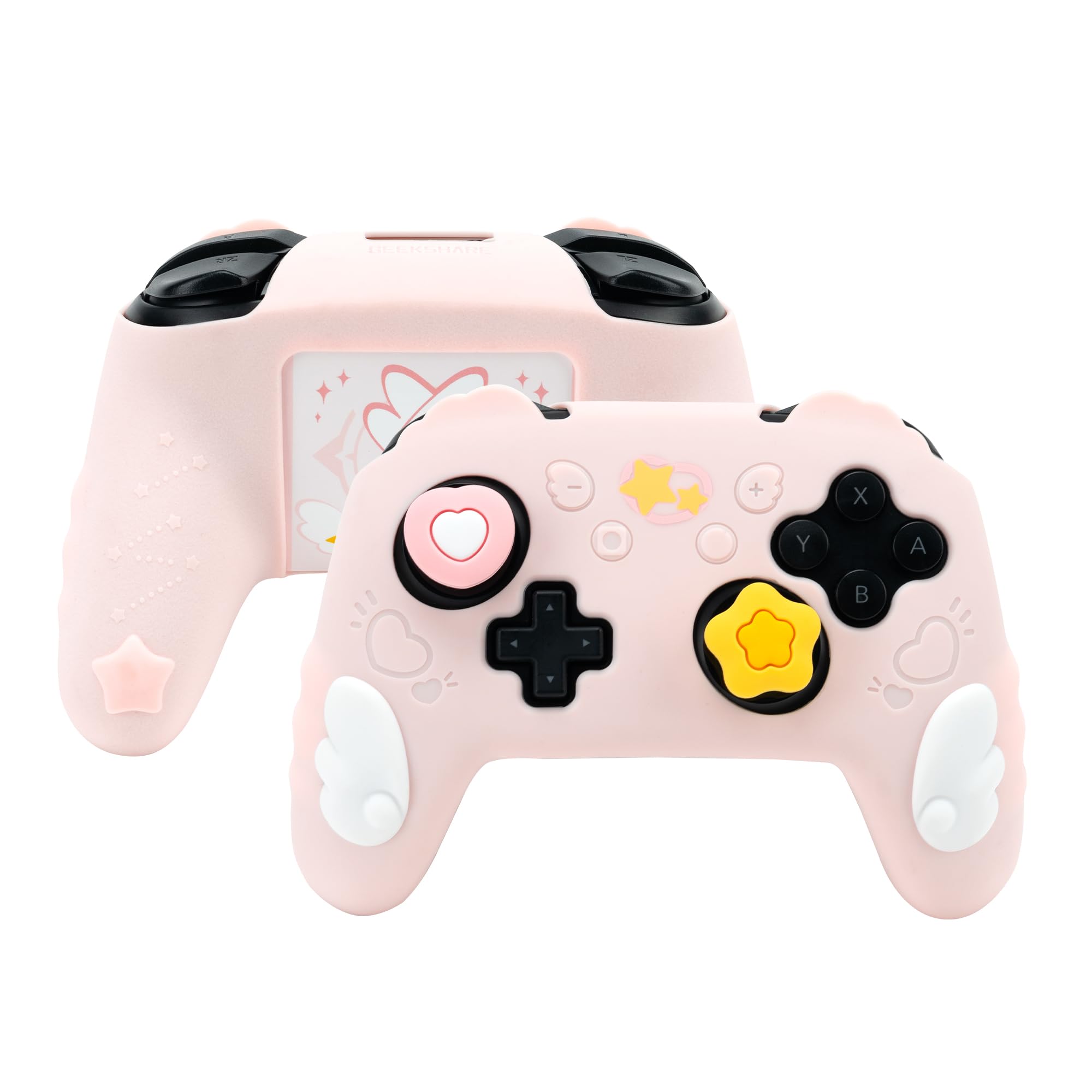 Photo 1 of GeekShare Switch Pro Controller Skin Set,Anti-Slip Silicone Protective Cover Skin Case for Switch Pro Controller with 2 Thumb Grip Caps and 2 Stickers - Star Wings Series (Pink)